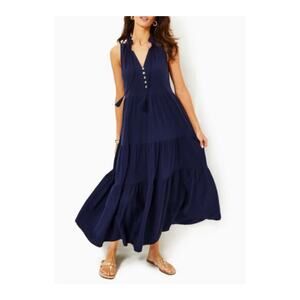 Lilly Pulitzer Malone Navy Blue Tiered Maxi Dress XXS Preppy Classic Vacation